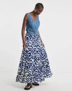 Blue Print Crinkle Tiered Maxi Skirt