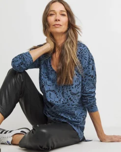 Blue Print Long Sleeve Slouch V-Neck Longline Top