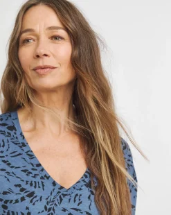 Blue Print Long Sleeve Slouch V-Neck Longline Top