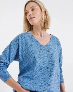 Blue Print Slouch Long Sleeve Longline Top