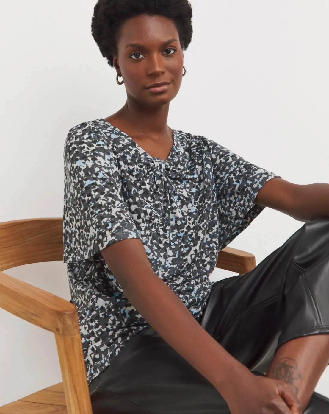 Blue Print Twist Detail Angel Sleeve Top