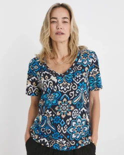 Blue Print V Neck Short Sleeve Bubble Hem Top