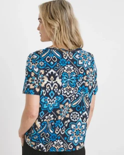 Blue Print V Neck Short Sleeve Bubble Hem Top