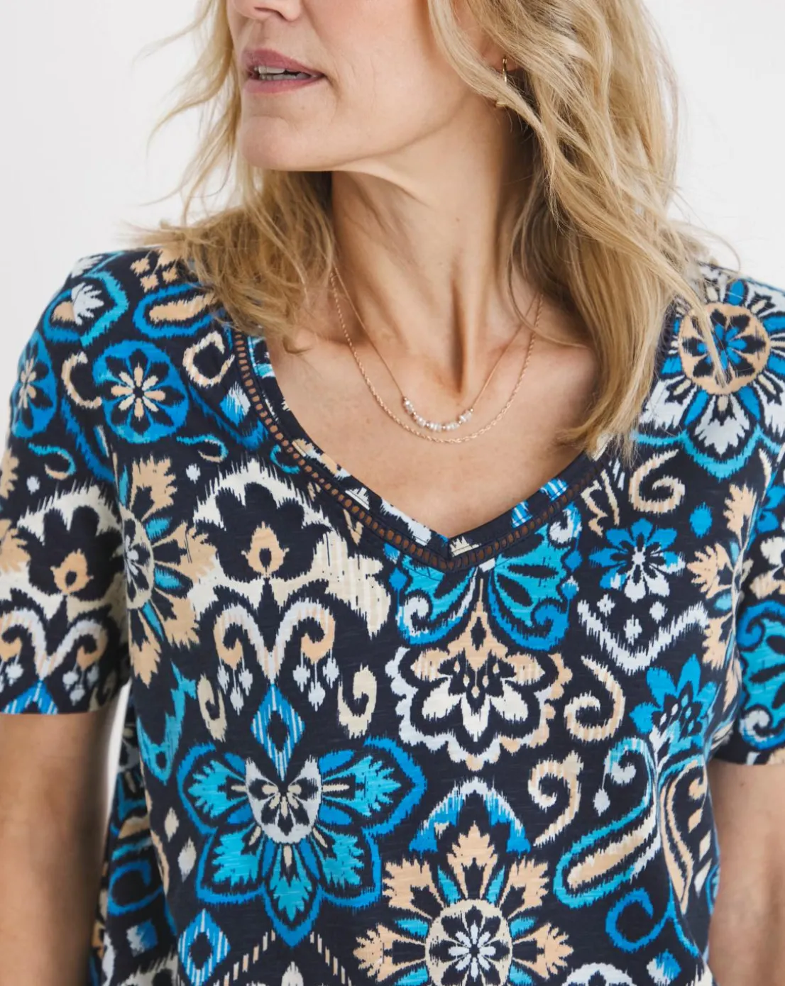 Blue Print V Neck Short Sleeve Bubble Hem Top
