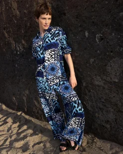 Blue Printed Spun Viscose Pull On Wide Leg Trousers