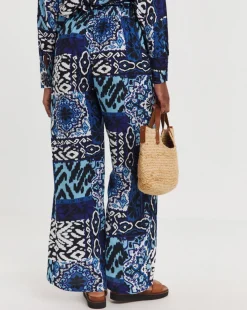 Blue Printed Spun Viscose Pull On Wide Leg Trousers