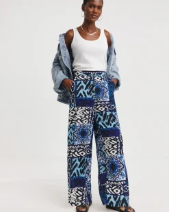 Blue Printed Spun Viscose Pull On Wide Leg Trousers