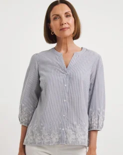 Blue Stripe Embroidered Hem Stripe Blouse