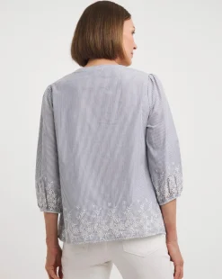 Blue Stripe Embroidered Hem Stripe Blouse