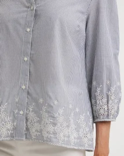Blue Stripe Embroidered Hem Stripe Blouse