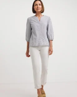 Blue Stripe Embroidered Hem Stripe Blouse