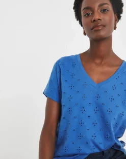 Blue V-Neck Broderie Short Sleeve T-Shirt