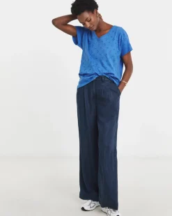 Blue V-Neck Broderie Short Sleeve T-Shirt