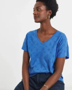 Blue V-Neck Broderie Short Sleeve T-Shirt