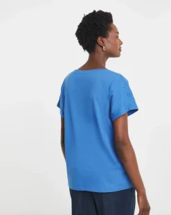 Blue V-Neck Broderie Short Sleeve T-Shirt