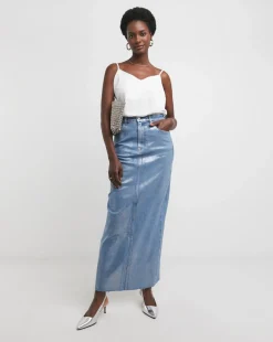 Blue/Silver Metallic Coated Denim Skirt