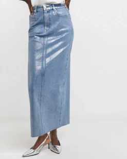 Blue/Silver Metallic Coated Denim Skirt