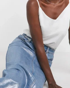 Blue/Silver Metallic Coated Denim Skirt