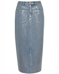 Blue/Silver Metallic Coated Denim Skirt