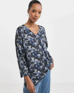 Blurred Floral Soft Touch V Neck Longline Top