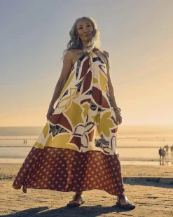 Border Print Halter Maxi Dress