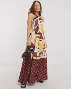 Border Print Halter Maxi Dress