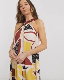 Border Print Halter Maxi Dress