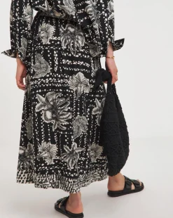 Border Print Linen Mix Midi Wrap Skirt