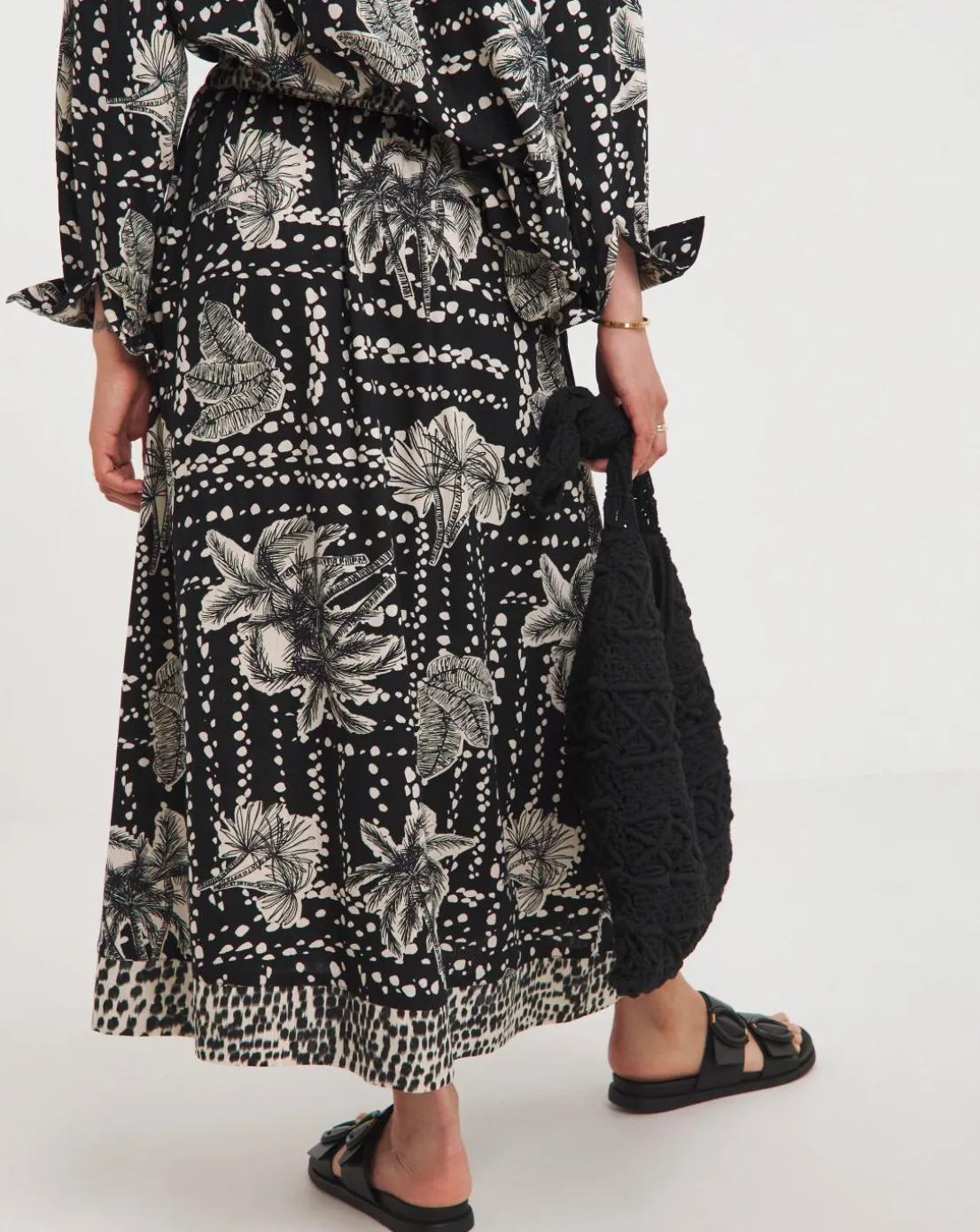 Border Print Linen Mix Midi Wrap Skirt