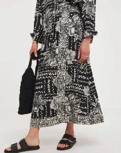Border Print Linen Mix Midi Wrap Skirt