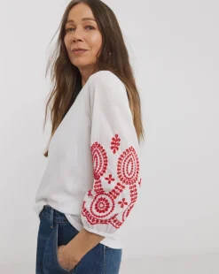 Broderie 3/4 Length Sleeve Crew Neck Top