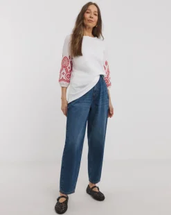 Broderie 3/4 Length Sleeve Crew Neck Top