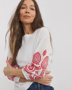 Broderie 3/4 Length Sleeve Crew Neck Top