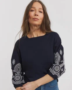 Broderie 3/4 Length Sleeve Crew Neck Top