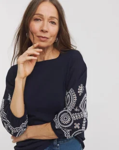 Broderie 3/4 Length Sleeve Crew Neck Top