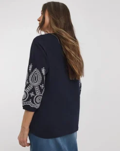Broderie 3/4 Length Sleeve Crew Neck Top