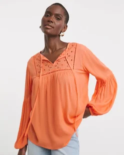 Broderie Yolk Trim Blouson Sleeve Blouse