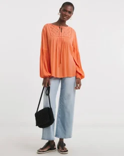 Broderie Yolk Trim Blouson Sleeve Blouse