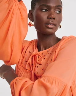 Broderie Yolk Trim Blouson Sleeve Blouse