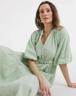 Bubble Sleeve Cheesecloth Maxi Dress