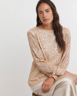 Champagne Sequin Slash Neck Volume Sleeve Top