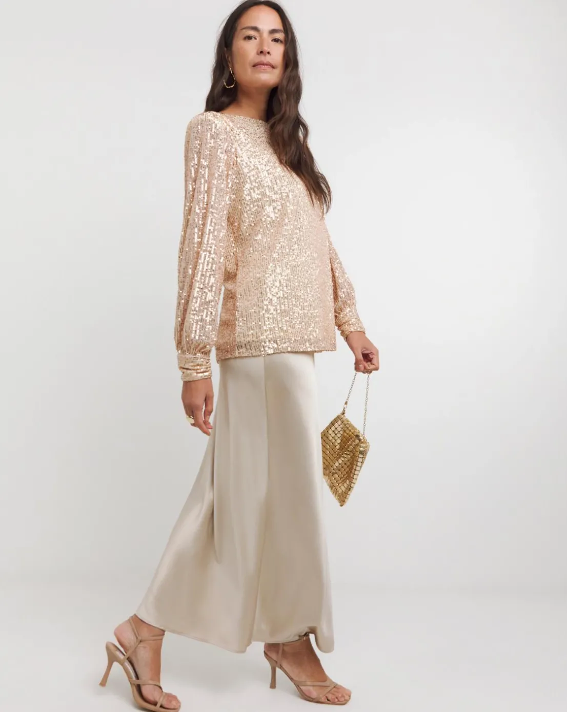 Champagne Sequin Slash Neck Volume Sleeve Top