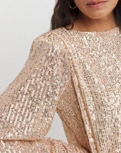 Champagne Sequin Slash Neck Volume Sleeve Top