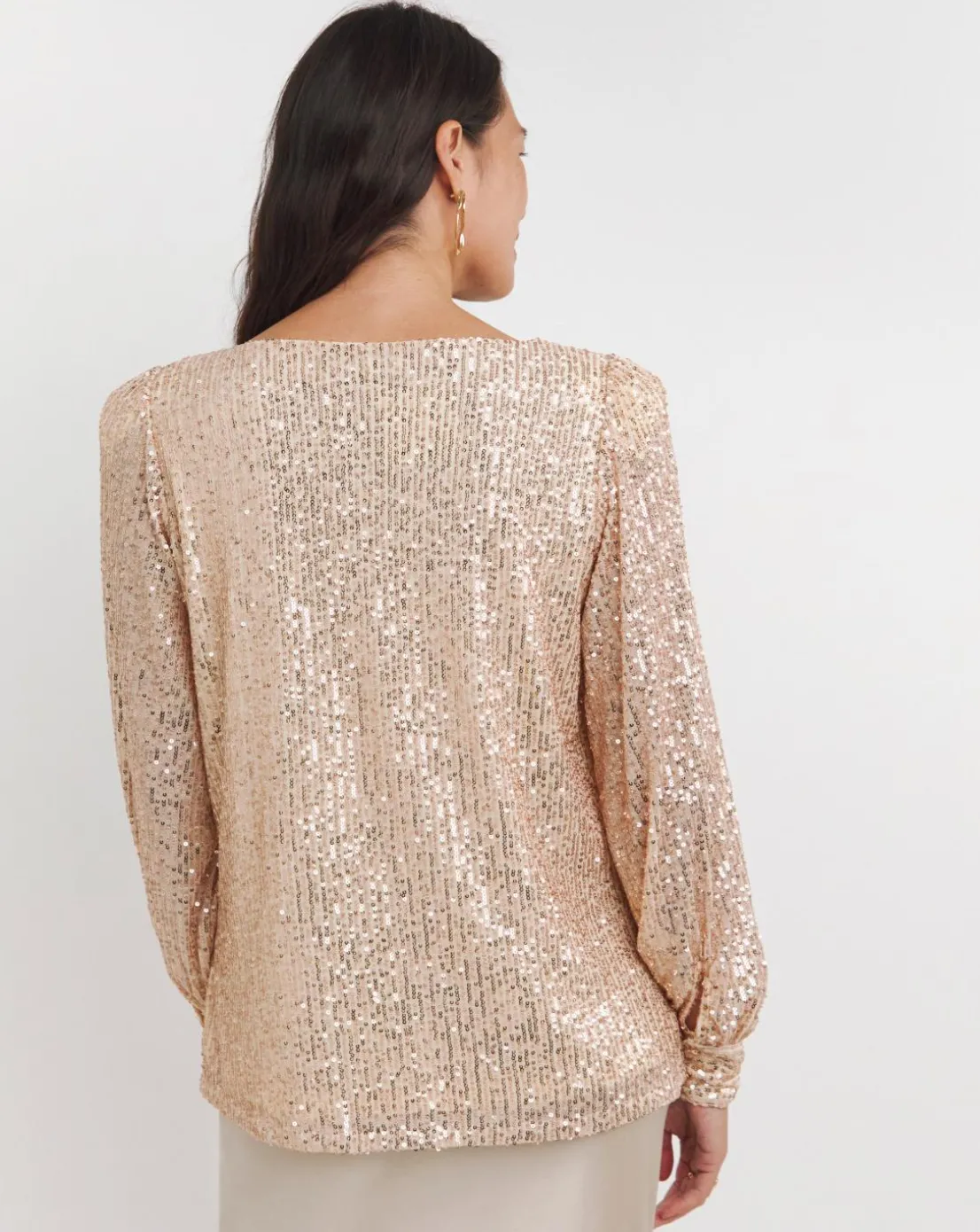 Champagne Sequin Slash Neck Volume Sleeve Top