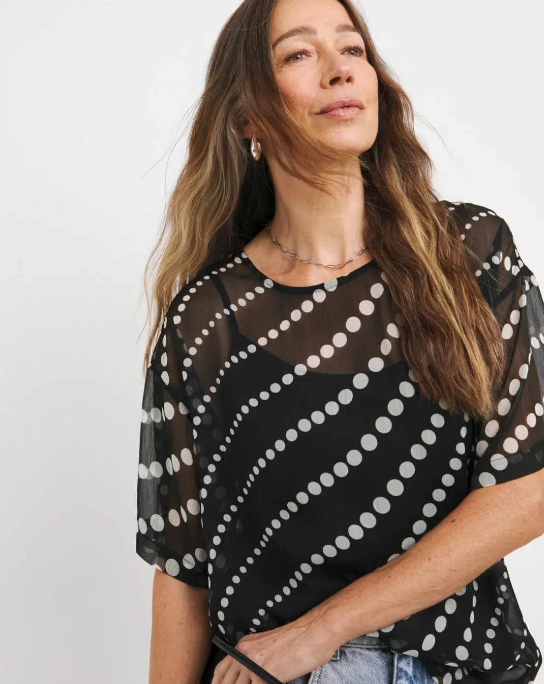 Chiffon Printed Boxy Short Sleeve Top - Black Spot