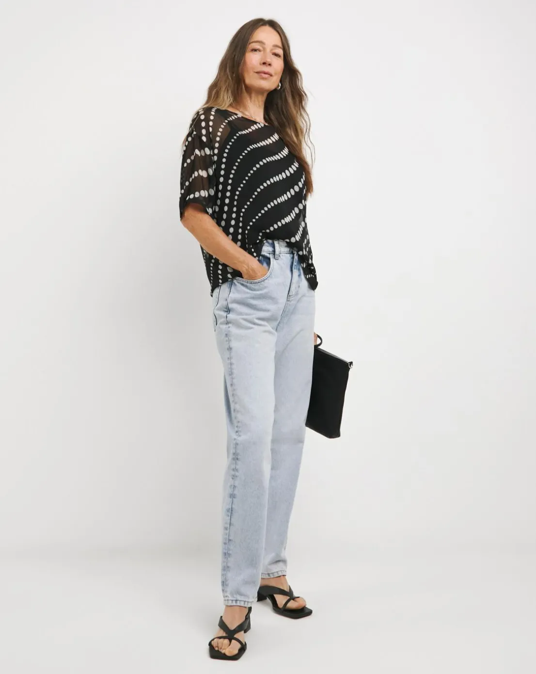 Chiffon Printed Boxy Short Sleeve Top - Black Spot