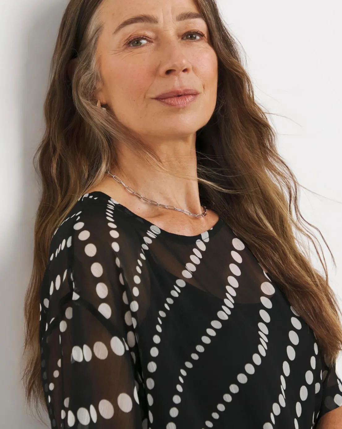 Chiffon Printed Boxy Short Sleeve Top - Black Spot