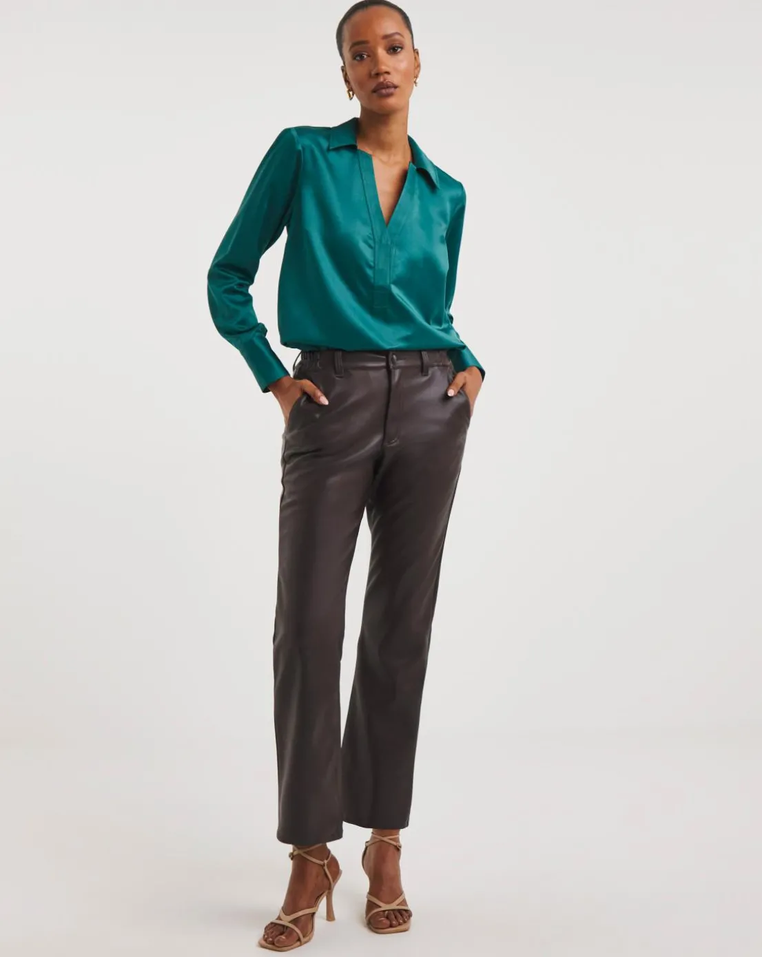 Chocolate Faux Leather Straight Leg Trousers