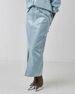 Clear Sequin Denim Midi Skirt