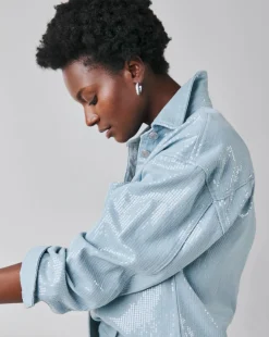 Clear Sequin Oversized Denim Shirt